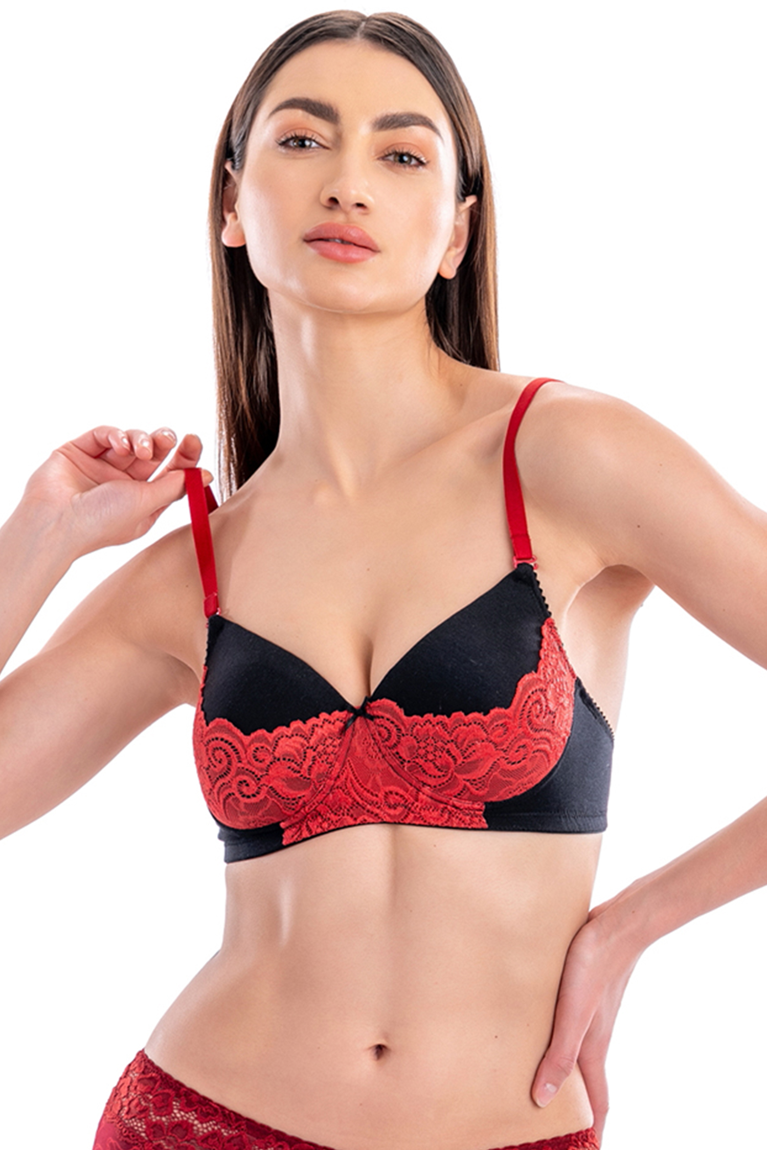LACY RED PADDED NON WIRED 3/4TH COVERAGE T-SHIRT BRA