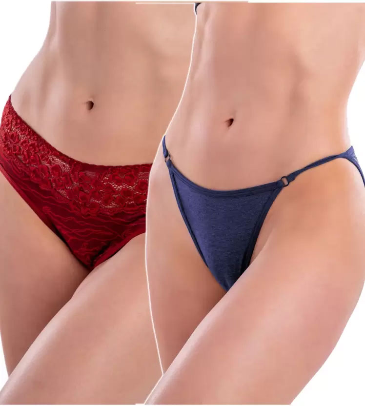 Women Bikini Lacy Red & Blue Panty  (Pack of 2)