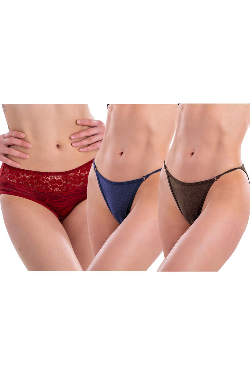 Women Bikini Lacy Red , Blue & Brown Pantie (Pack of 3)