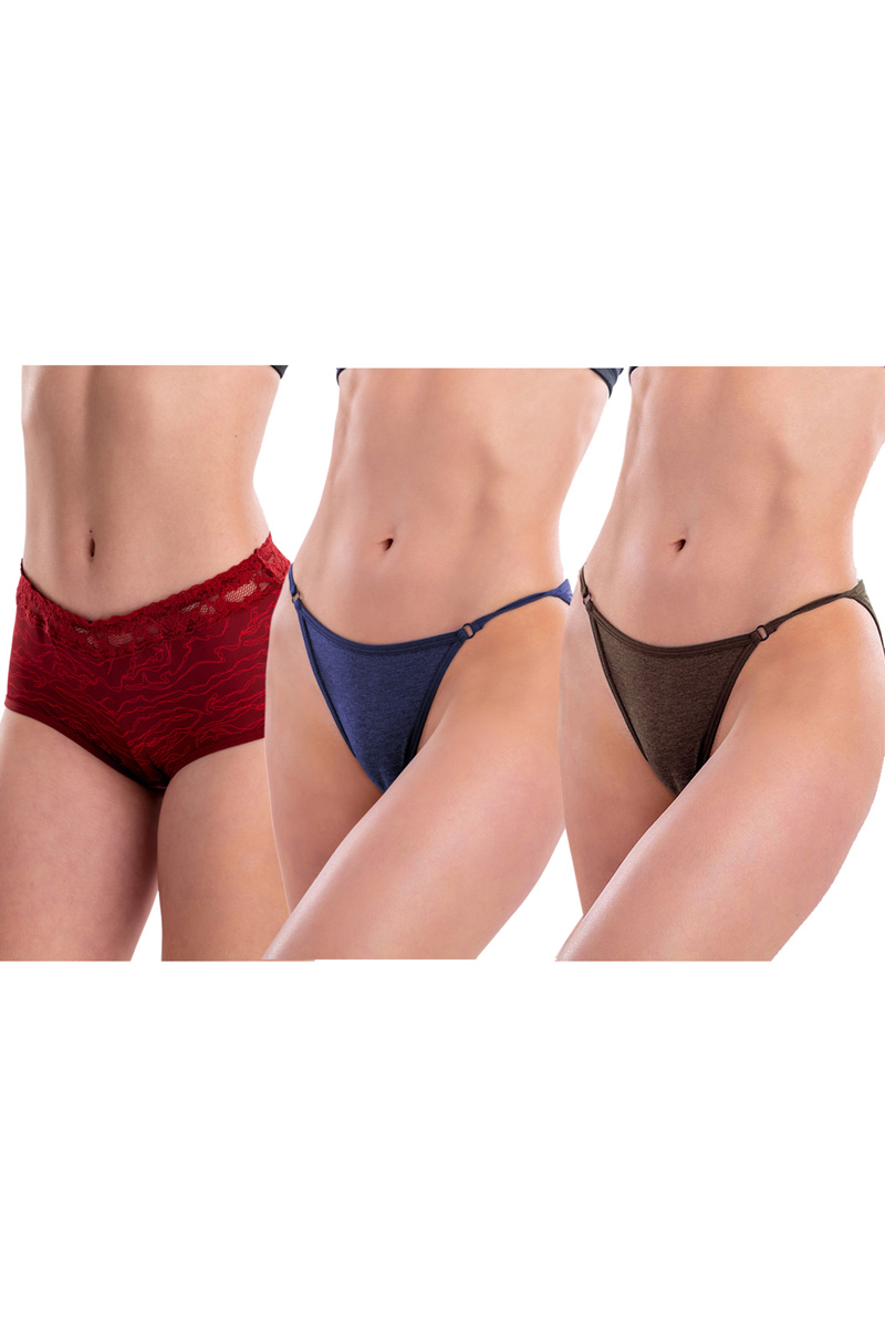 Women Bikini Lacy Red , Blue & Brown Pantie (Pack of 3)