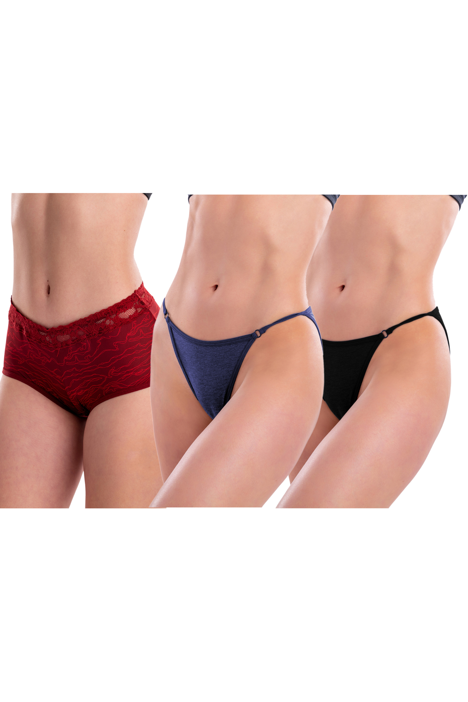 Women Bikini Lacy Red , Blue & Black Pantie (Pack of 3)