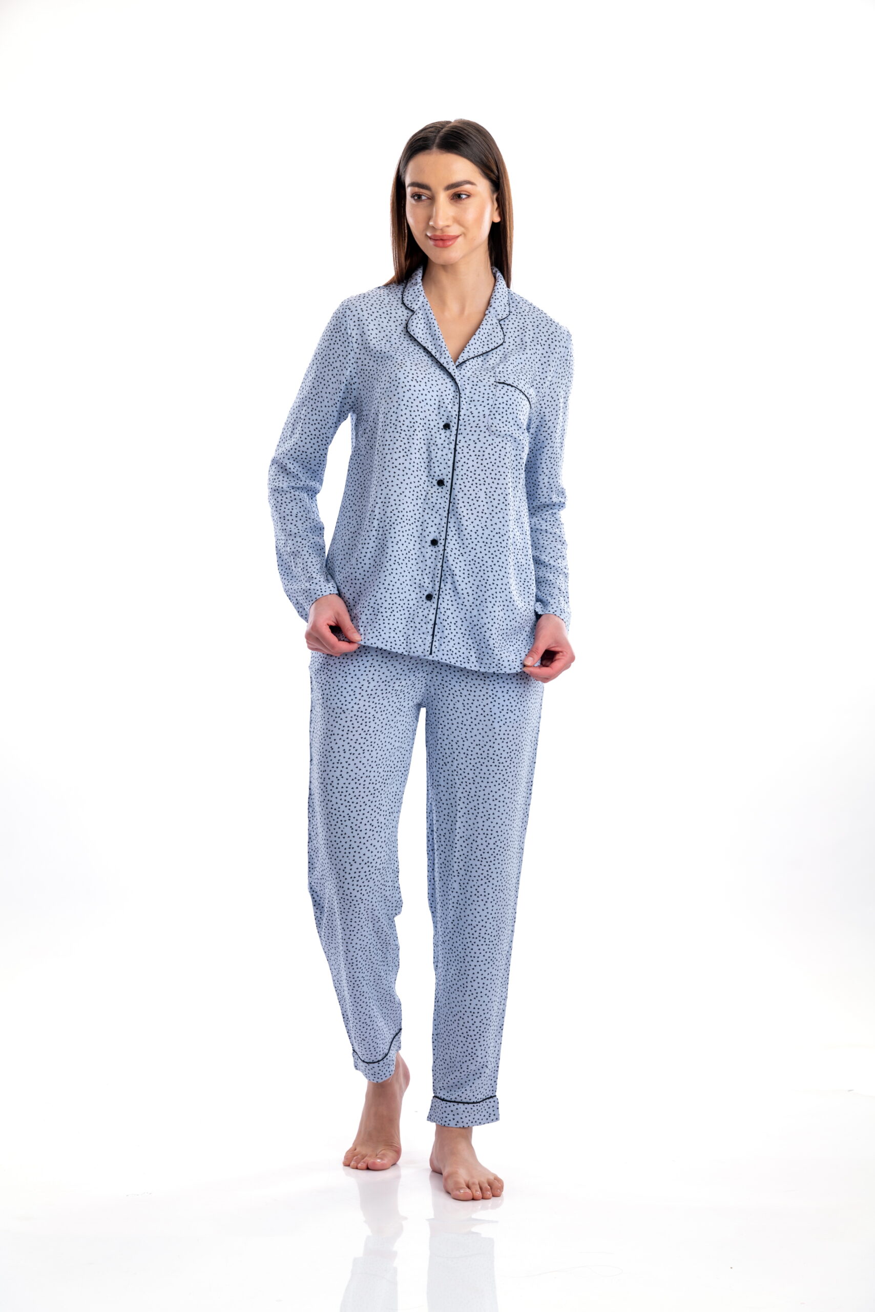 Lovely blue with black little heart print shirt and pajama set
