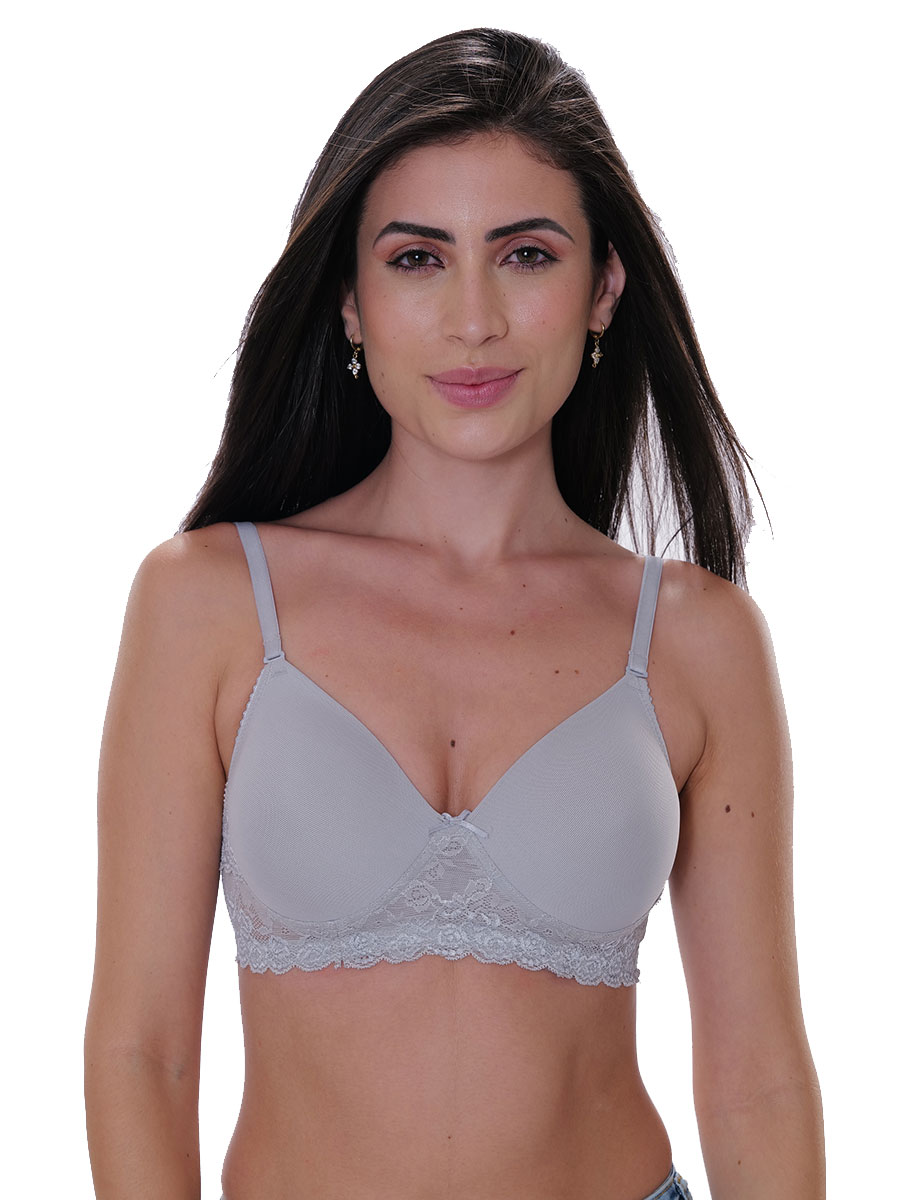 GREY HALF LACY PADDED NON WIRED 3/4TH COVERAGE T-SHIRT BRA